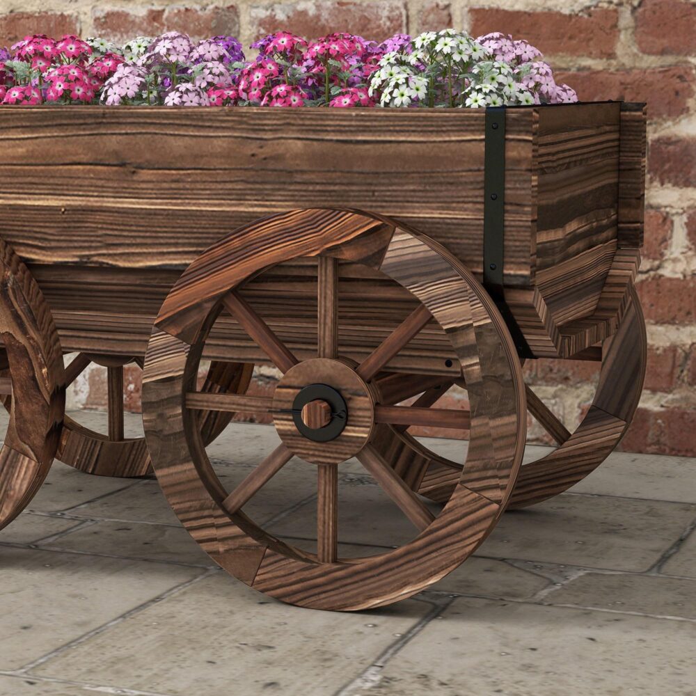 Rymlig rustik trävagn blomlåda | Mobil trädgårdsplanterare med dränering, 30 kg kapacitet