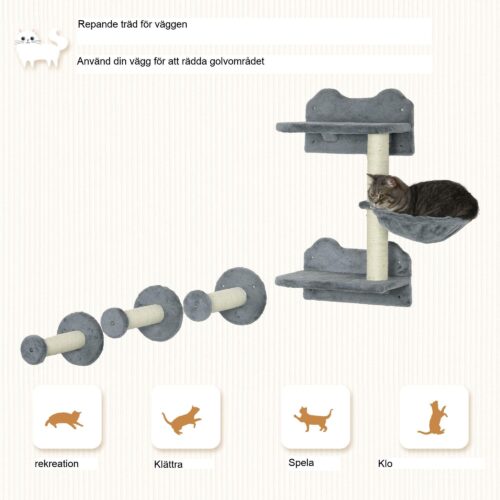 Platsbesparande klätterväggset för katt med klösstolpe och hängmatta – 4-delat klätter- och lekset för stadslägenheter