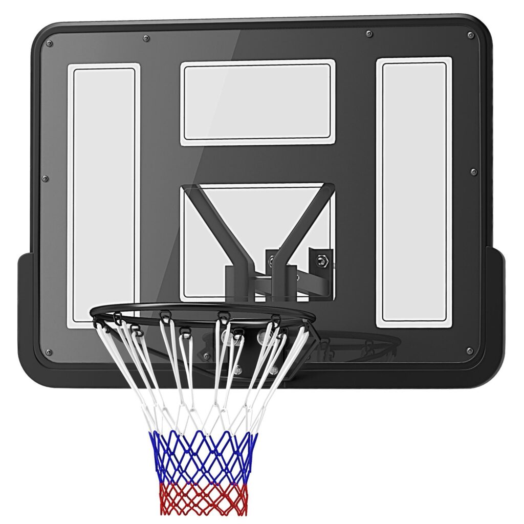 Basketkorg väggfäste för utomhus- och inomhusbruk, okrossbar 110x75cm bakpanel, fjäderaktiverad ring för säkerhet, hållbar stålram med medföljande hårdvara