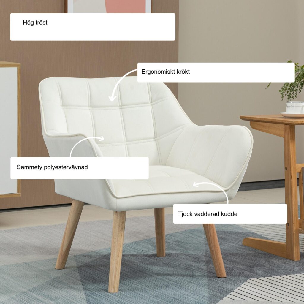 Fåtölj i skandinavisk design | Sammetsklädd för komfort, upphöjda ben och enkel montering