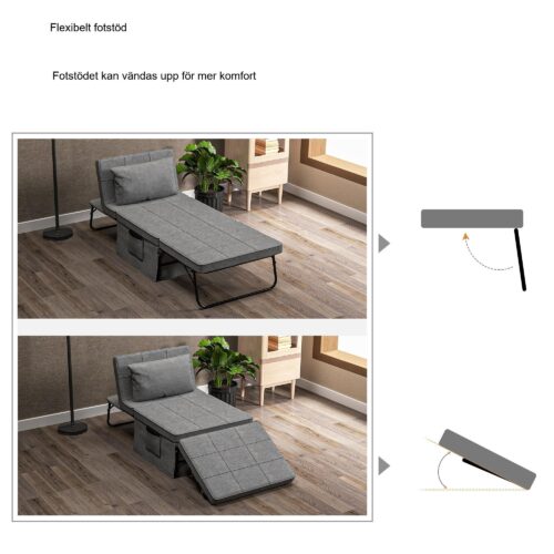 4-i-1 hopfällbar säng Fåtölj Ottoman med 8 cm madrass, 5-stegs höjdjusterbar