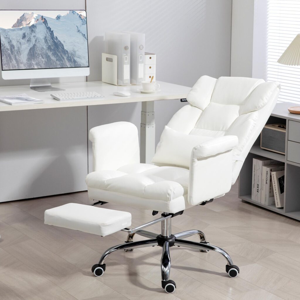 Ergonomisk kontorsstol med lutningsfunktion och svankstöd, justerbar höjd 48-56 cm, svängbara hjul, konstläder vit