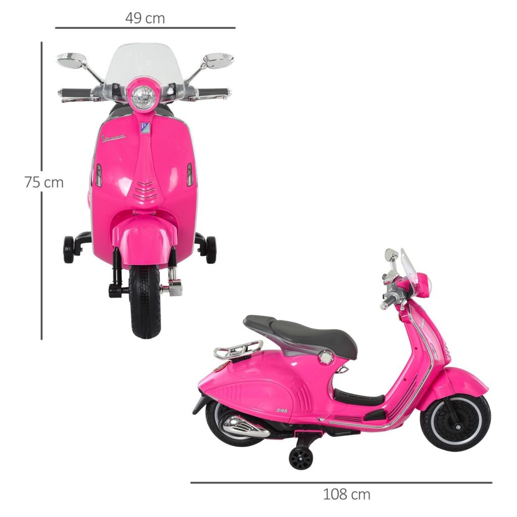 Licensierade Vespa Kids 'Elektriska motorcykel med strålkastare, musik och träningshjul-4-hjulsstabilitet för åldrarna 3-6