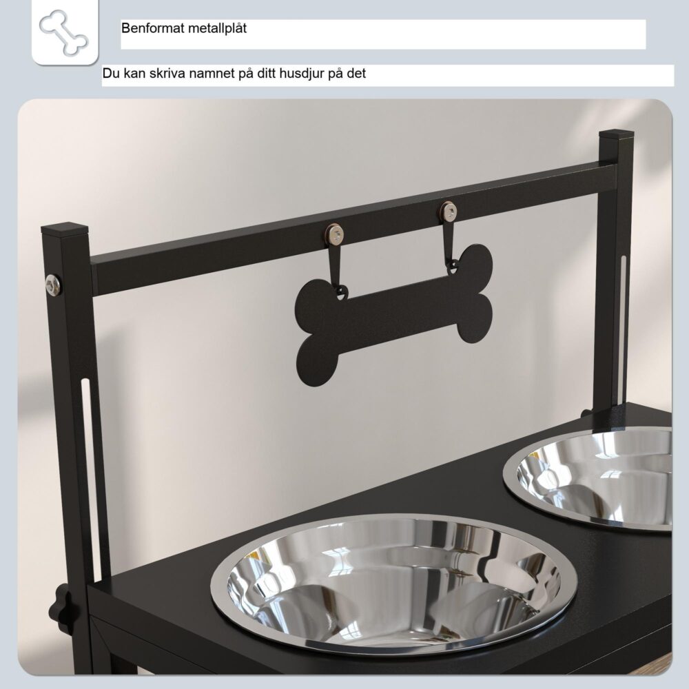 Justerbar rostfritt stål hund- och kattmatningsstation med benformad namntagg och enkel rengöringsdesign