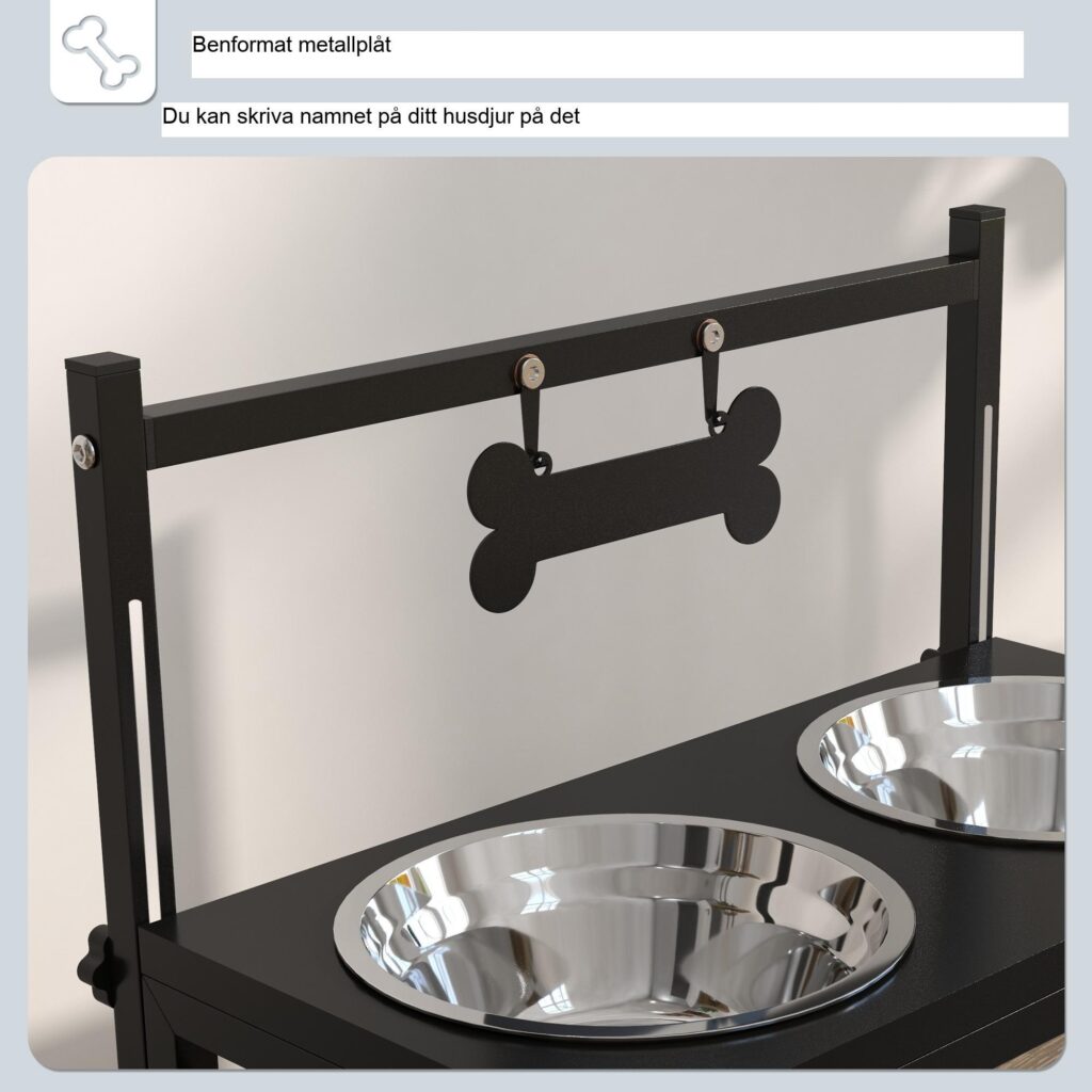Justerbar rostfritt stål hund- och kattmatningsstation med benformad namntagg och enkel rengöringsdesign