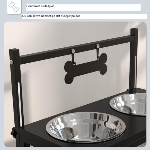 Justerbar rostfritt stål hund- och kattmatningsstation med benformad namntagg och enkel rengöringsdesign
