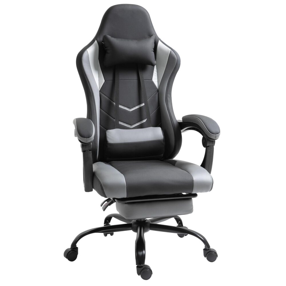 Ergonomisk höjdjusterbar spelstol med nackstöd och svankkudde – design i racingstil, vändbara fotstöd, upp till 120 kg kapacitet