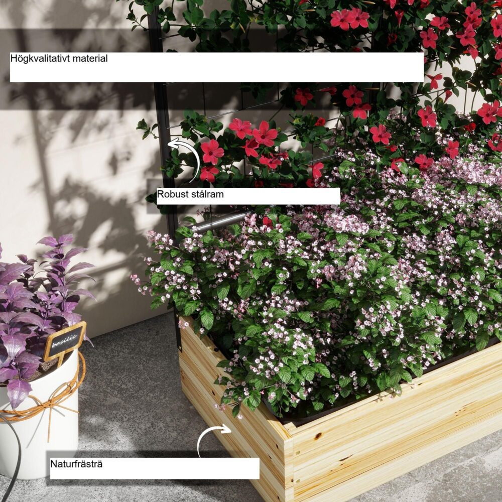 Planteringskärl med upphöjd bädd och klätterstöd | Naturlig trä ört- och blomsterbädd med spaljé för trädgård och balkong