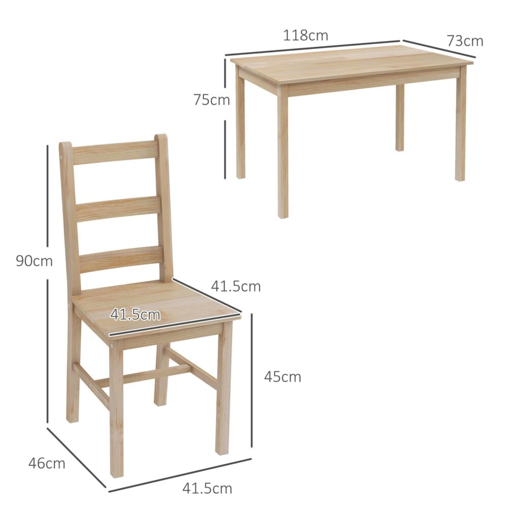 Platsbesparande matgrupp i 5 delar med bord och stolar i massiv furu – rektangulär design