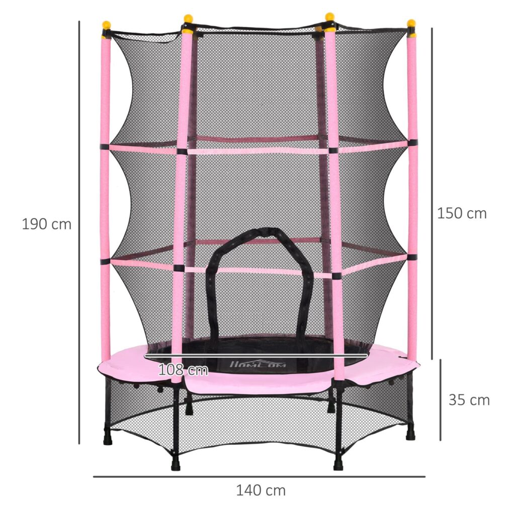 Studsmatta för barn 140cm med säkerhetsnät - Maximal säkerhet för barn i åldrarna 3-10, upp till 50 kg lastkapacitet, rosa