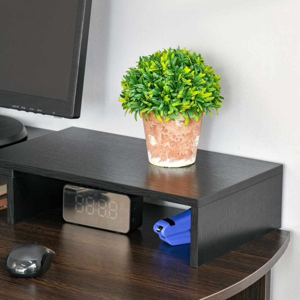 Ergonomisk justerbar bildskärmsstativ med dubbel skärmstöd, trippelagringshyllor och rymdbesparande design för nackelättande - MDF -material, svart färg