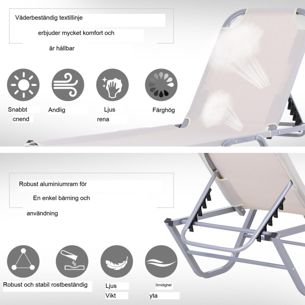 5-vägs justerbar strandstol i textil i aluminium med ultimat komfort för obegränsad avkoppling