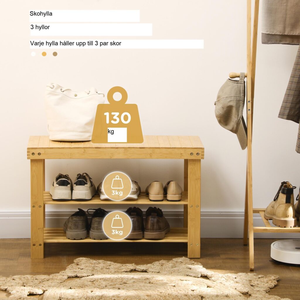 Skobänk i bambu med 3 nivåer för 6 par - robust naturlig design och enkel montering