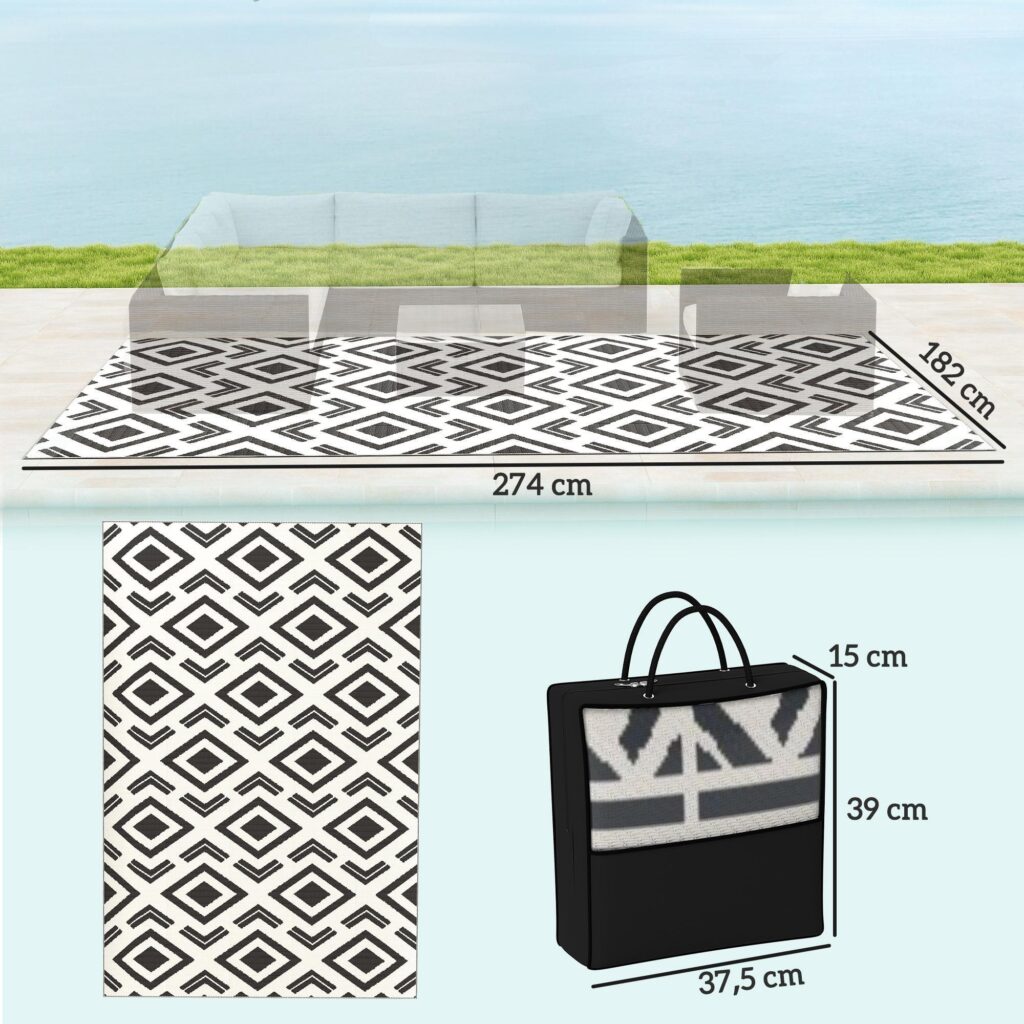 Utomhusmatta Robust Väderbeständig Vändbar Vikbar Matta med Bärväska | Svart+vit boho-stil för utomhusbruk