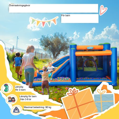 Uppblåsbar hoppborg vattenpark med rutschkana, pooler och basketkorg – snabb installation, slitstarkt material, perfekt för familjekul