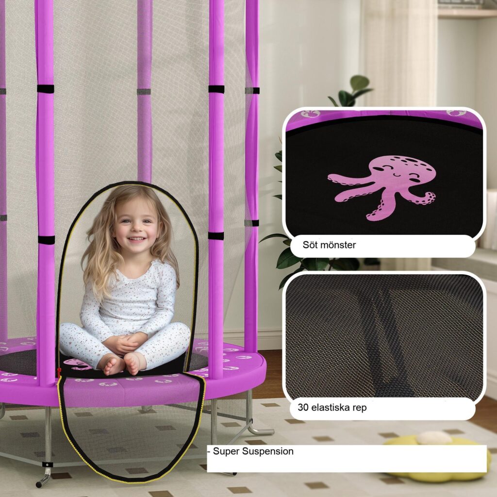Barn trampolin 140 cm med säkerhetsnät och dragkedja dörr - Säker lekplats för barn 3-6 år (Violet)