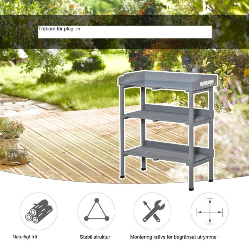 Trädgårdsmästarbord med bänkskiva och förvaring i metall | Planteringsbord för trädgård, terrass eller balkong – slitstarkt granträ, 3 krokar för verktyg, rymliga hyllor, ergonomisk design