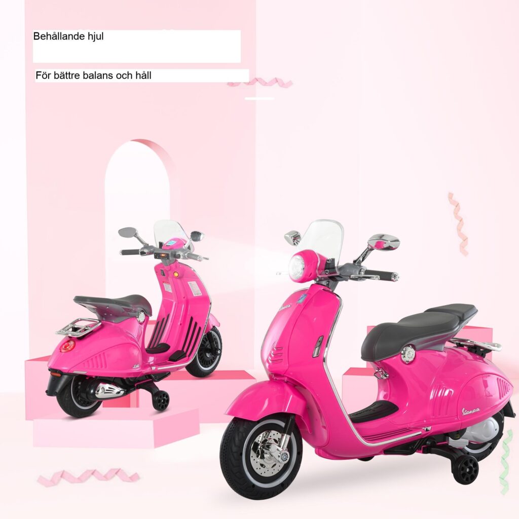 Licensierade Vespa Kids 'Elektriska motorcykel med strålkastare, musik och träningshjul-4-hjulsstabilitet för åldrarna 3-6