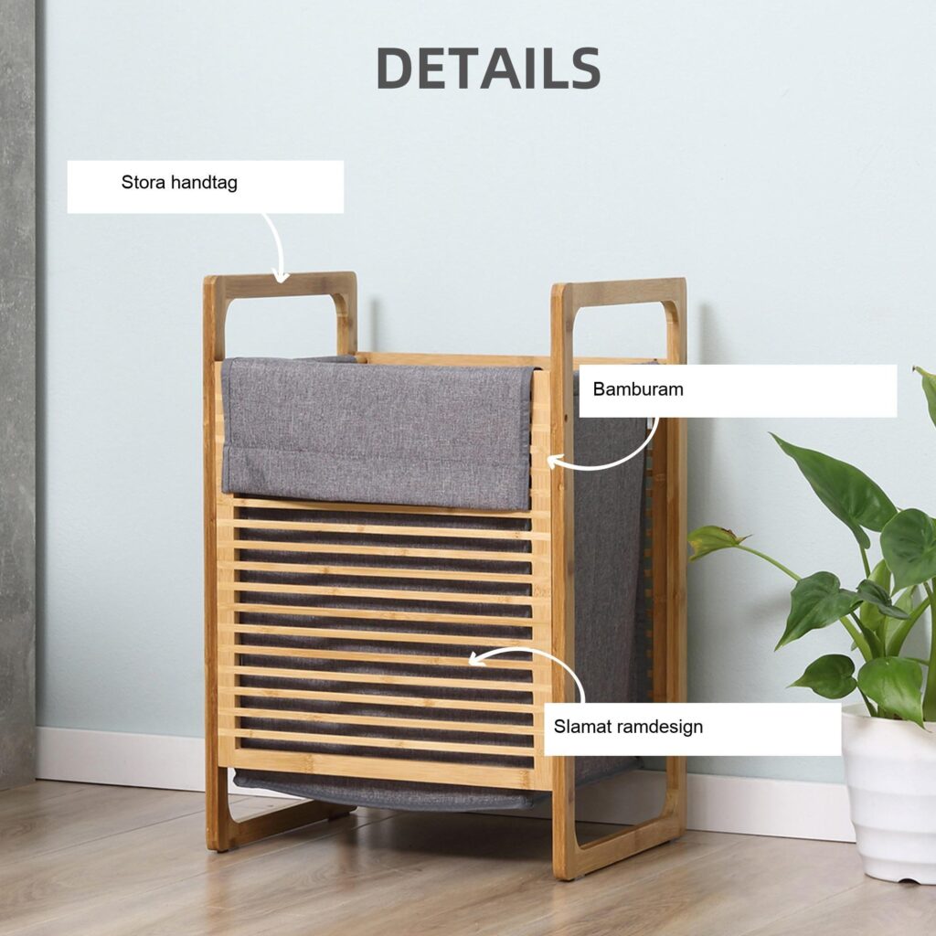 Tvättkorg med lock - Stor kapacitet, lätt och vattentät design | Bambu och polyester | 40x35x60.5cm