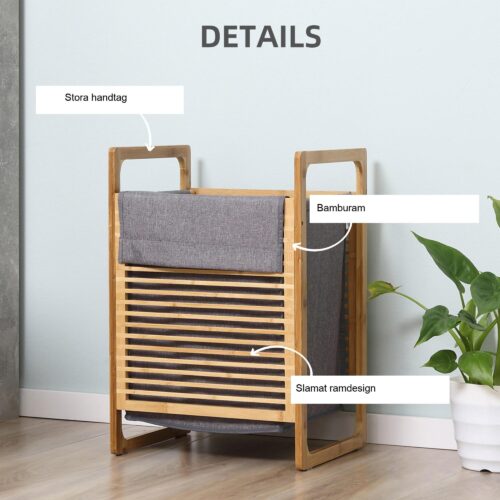 Tvättkorg med lock – Stor kapacitet, lätt och vattentät design | Bambu och polyester | 40x35x60.5cm