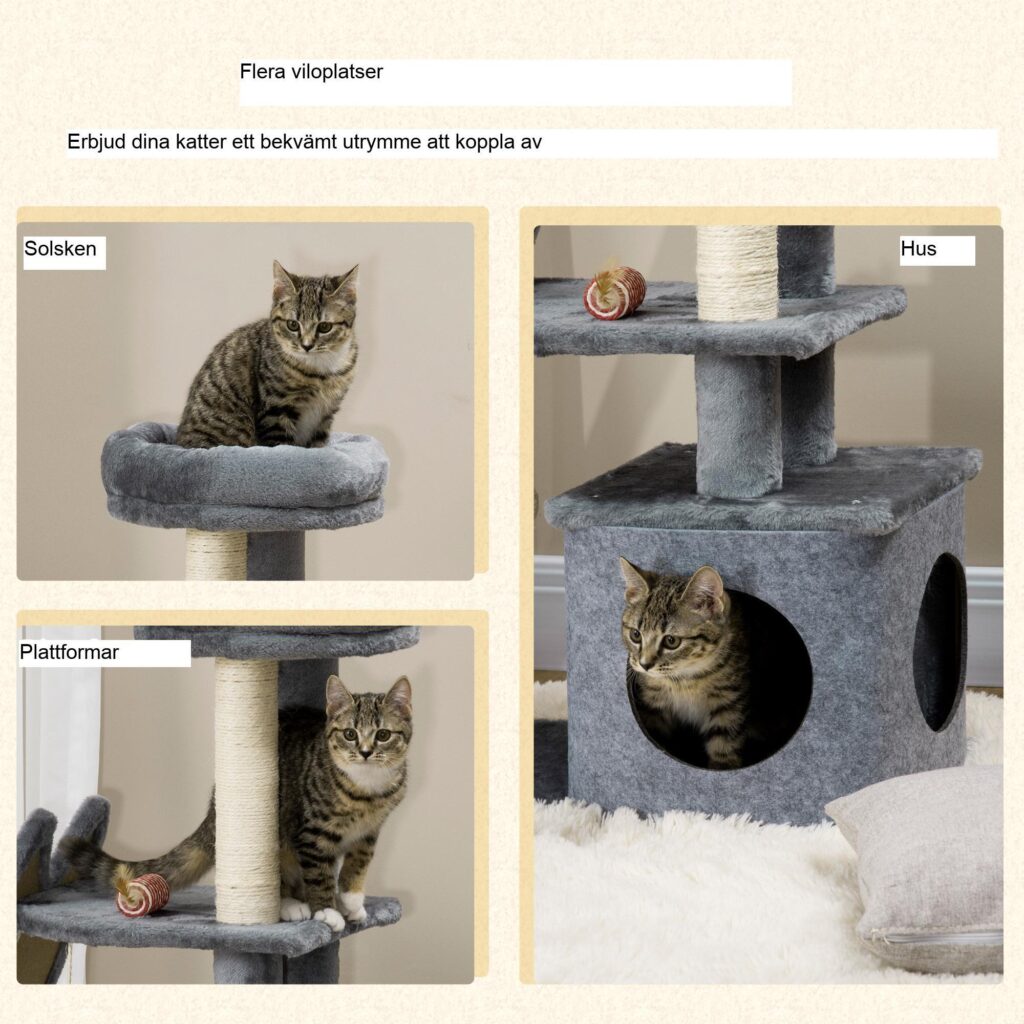 Liten klösstolpe för katt med lekstuga och sisalstockar - Multifunktionellt klösträd för katter under 4 kg, kompakt design med plyschlock, stabil bas och repvänliga funktioner