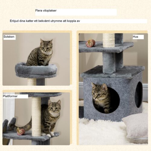 Liten klösstolpe för katt med lekstuga och sisalstockar – Multifunktionellt klösträd för katter under 4 kg, kompakt design med plyschlock, stabil bas och repvänliga funktioner