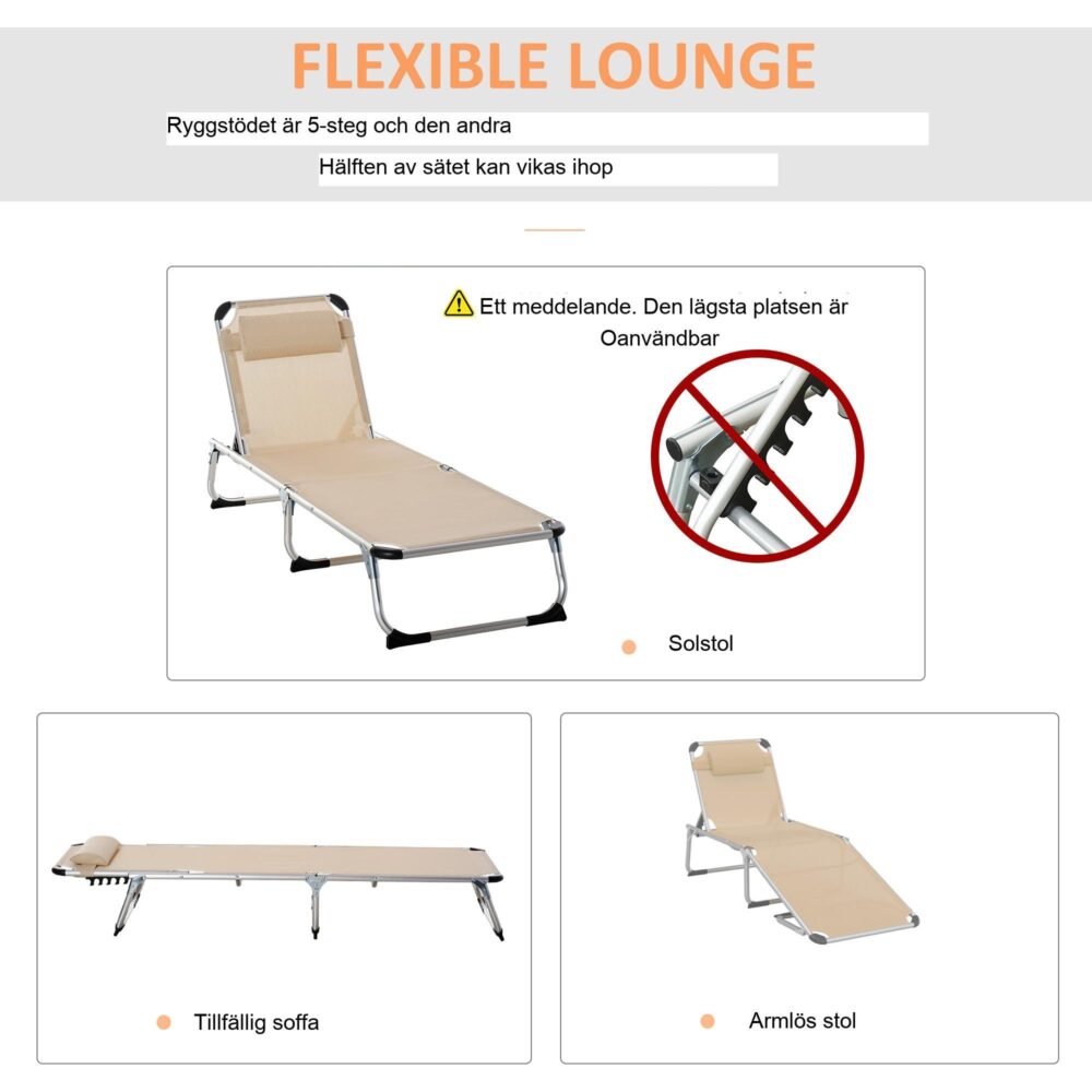 5-vägs justerbar vikbar ergonomisk trädgårdsstol i aluminium med nättyg beige – platsbesparande design för trädgård och terrass