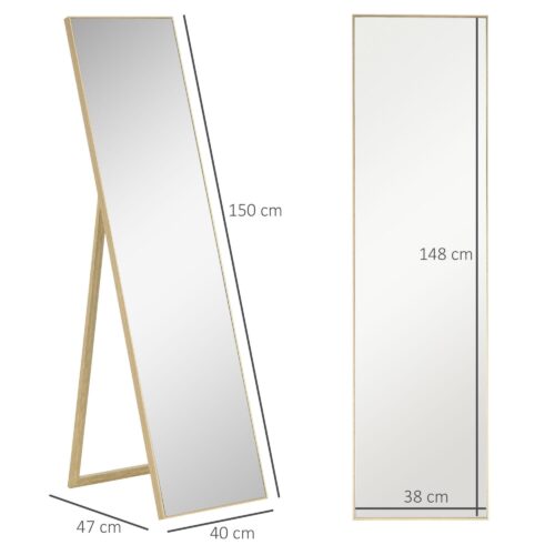 Golvspegel i full längd silverspegel med ljusbrun träkorndesign för sovrum och hall – ingen montering krävs (40W x 3D x 150H cm hopfälld)