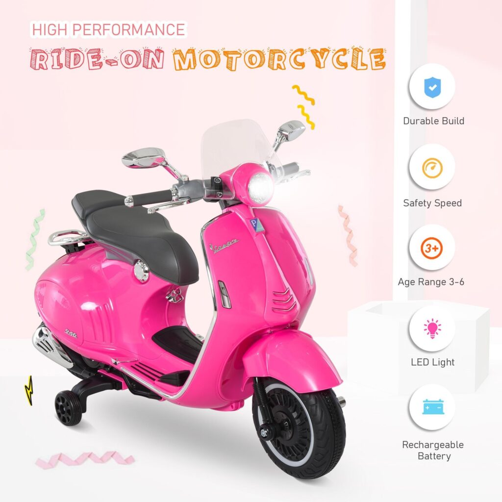 Licensierade Vespa Kids 'Elektriska motorcykel med strålkastare, musik och träningshjul-4-hjulsstabilitet för åldrarna 3-6