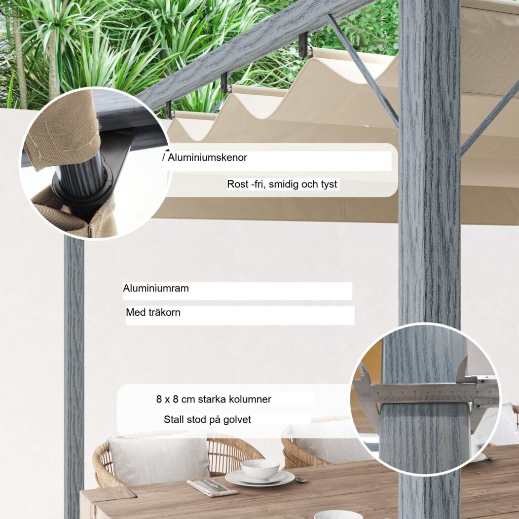 Pergola i aluminium 3x3m med infällbart UV-skydd (UPF30+) och säker magnetisk passform | Fristående trädgårdspaviljong för uteplats och trädgård