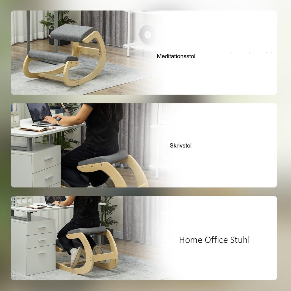 Ergonomisk knäpall med hållningsförbättring, gungande design – slitstark ram av björkträ, 120 kg lastkapacitet, grå