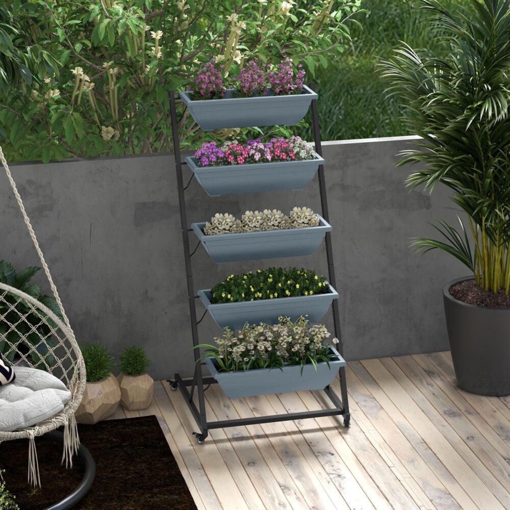 5-vånings stålväxtstativ med hjul – platsbesparande design för inomhus och utomhus