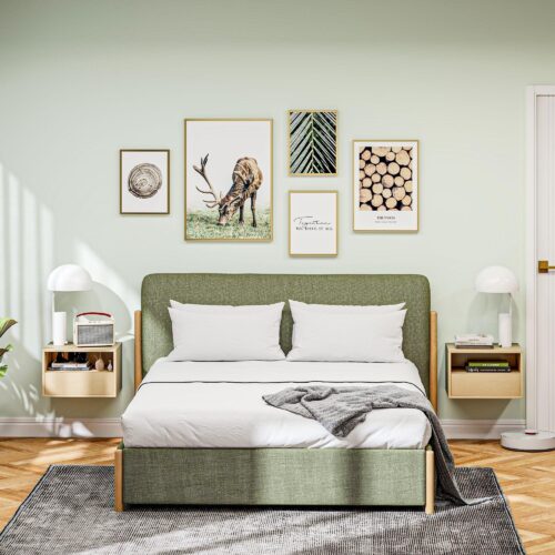 Set med 2 hängande sängskåp – Flytande design för enkel rengöring och platsbesparande förvaring med låda och öppen hylla | Konstruktion i naturligt trä
