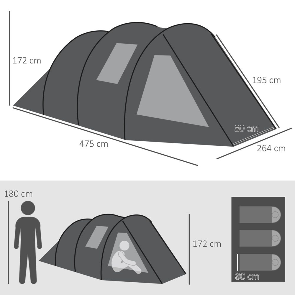 Tunneltält 4-personers campingtält med 2 rum, UV-skydd och vattentät (2000 mm vattenpelare), bärväska ingår