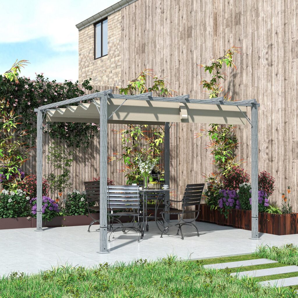 Pergola i aluminium 3x3m med infällbart UV-skydd (UPF30+) och säker magnetisk passform | Fristående trädgårdspaviljong för uteplats och trädgård