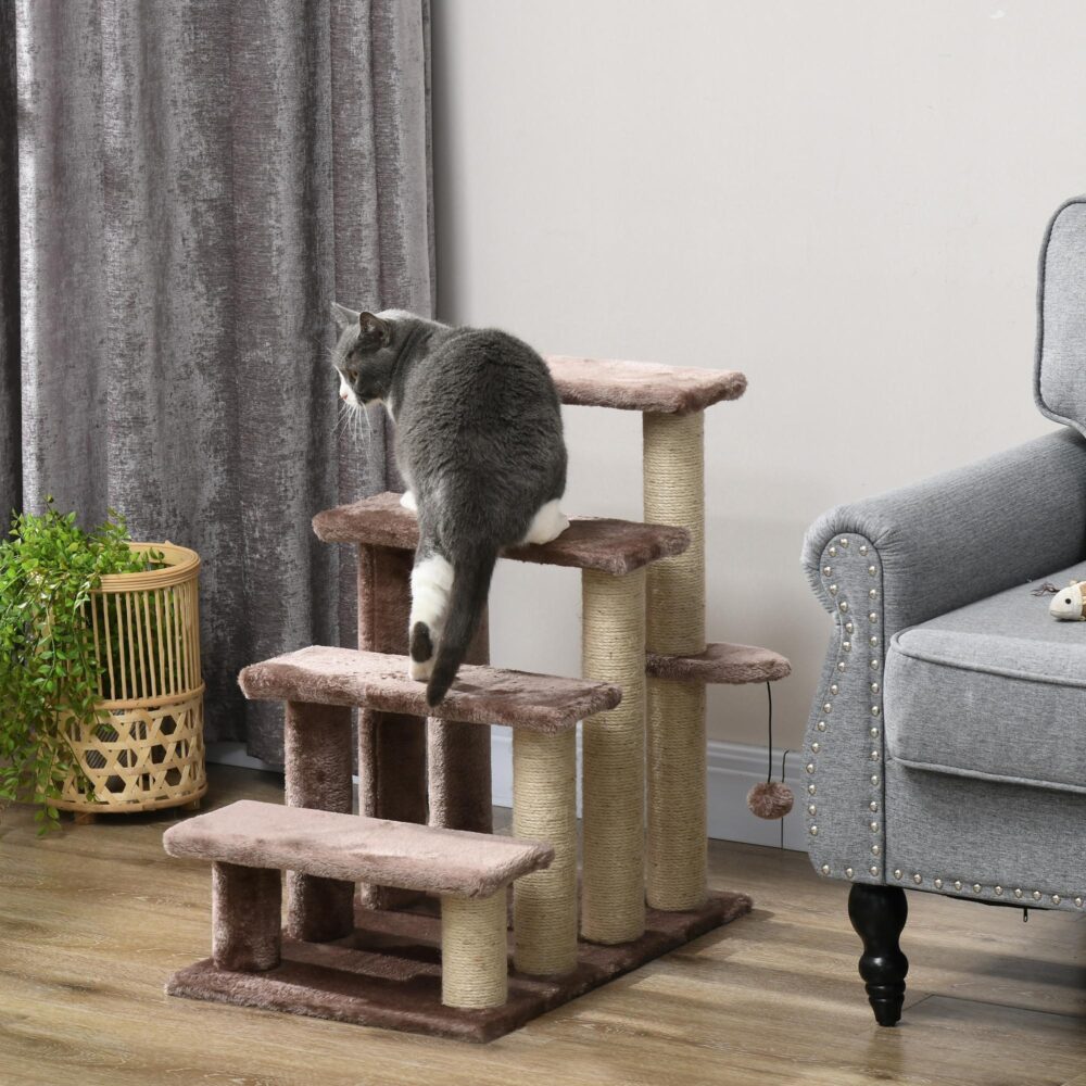 4-stegs katt- och hundtrappa med klösstolpe och leksaksboll, höjer åtkomsten säkert för små husdjur upp till 5 kg – lätt och bärbar design