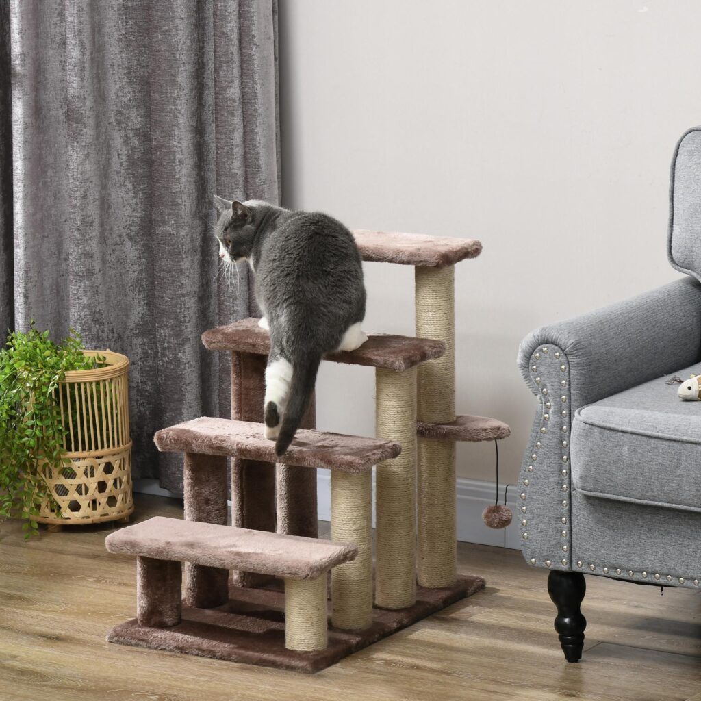 4-stegs katt- och hundtrappa med klösstolpe och leksaksboll, höjer åtkomsten säkert för små husdjur upp till 5 kg - lätt och bärbar design