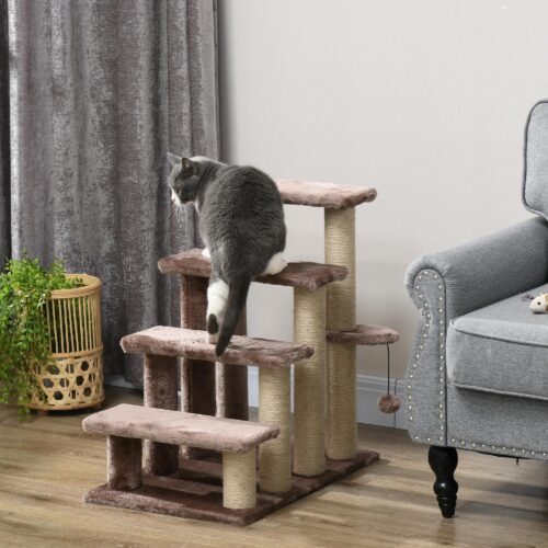 4-stegs katt- och hundtrappa med klösstolpe och leksaksboll, höjer åtkomsten säkert för små husdjur upp till 5 kg – lätt och bärbar design