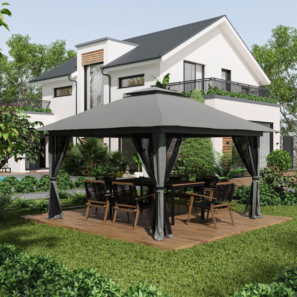 Hopfällbart lusthus 4x4m pop-up trädgårdstält – Snabb installation och bärbar design med UV-skydd, nätväggar och väderbeständiga funktioner | Robust metallram, enkel förvaring med hjul, justerbar takhöjd (2,83 m/2,73 m/2,63 m), mörkgrå
