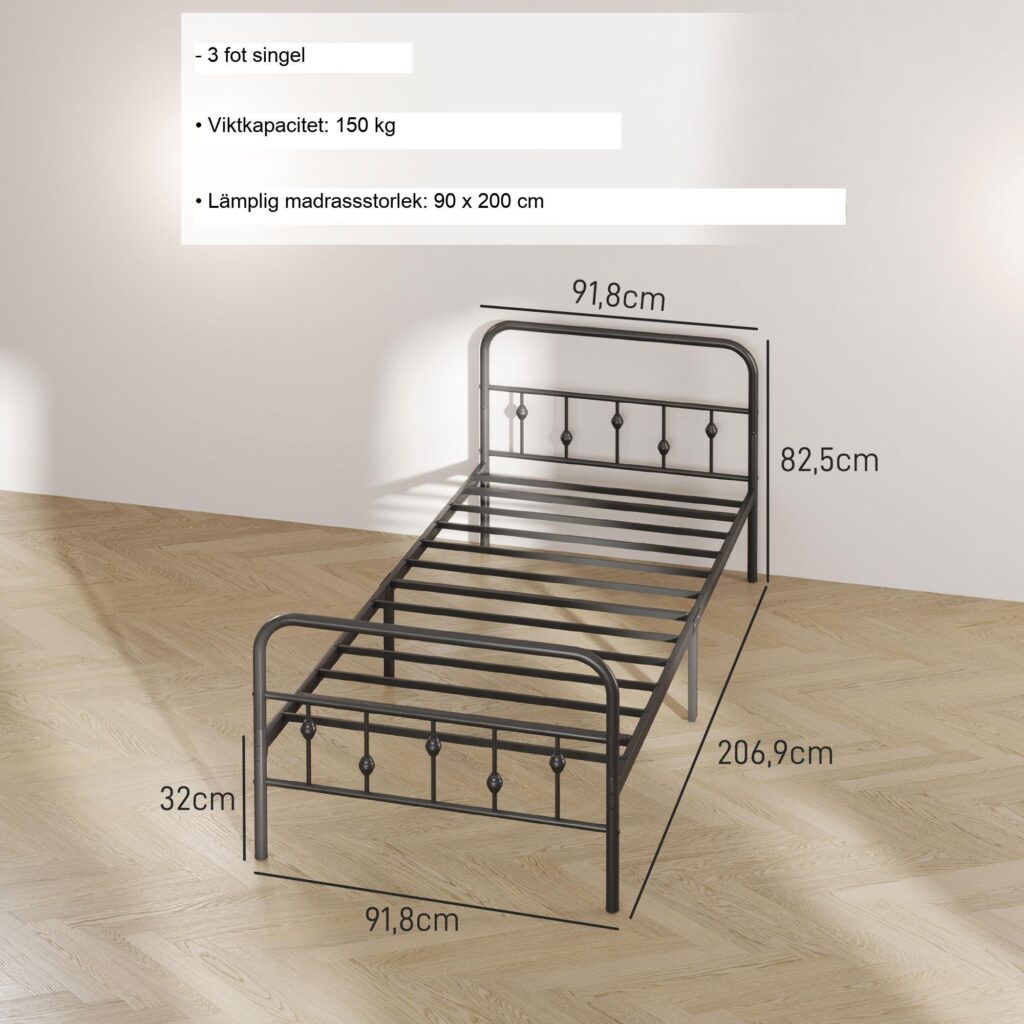 Hopfällbar sängram i metall för 200x90 madrass med 32 cm förvaringsutrymme: enkel installation och tyst sömn