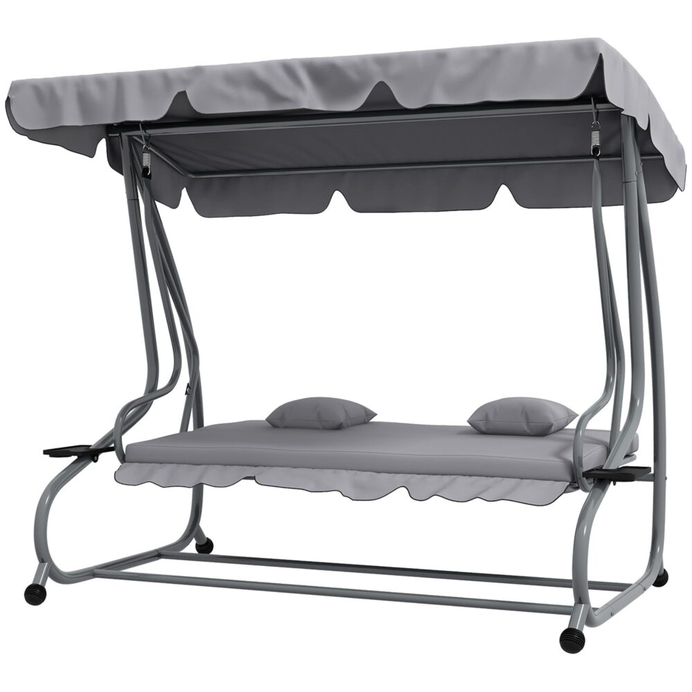 Hollywood Swing 3-sits med liggande funktion | Förvandla till sängen, justerbart tak, vikbara sidobord | Lastkapacitet 340 kg, väderbeständig design