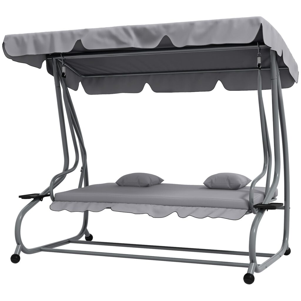 Hollywood Swing 3-sits med liggande funktion | Förvandla till sängen, justerbart tak, vikbara sidobord | Lastkapacitet 340 kg, väderbeständig design