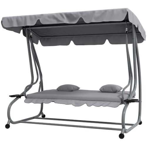 Hollywood Swing 3-sits med liggande funktion | Förvandla till sängen, justerbart tak, vikbara sidobord | Lastkapacitet 340 kg, väderbeständig design