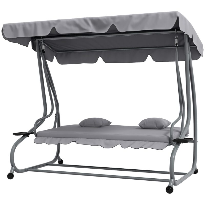 Hollywood Swing 3-sits med liggande funktion | Förvandla till sängen, justerbart tak, vikbara sidobord | Lastkapacitet 340 kg, väderbeständig design