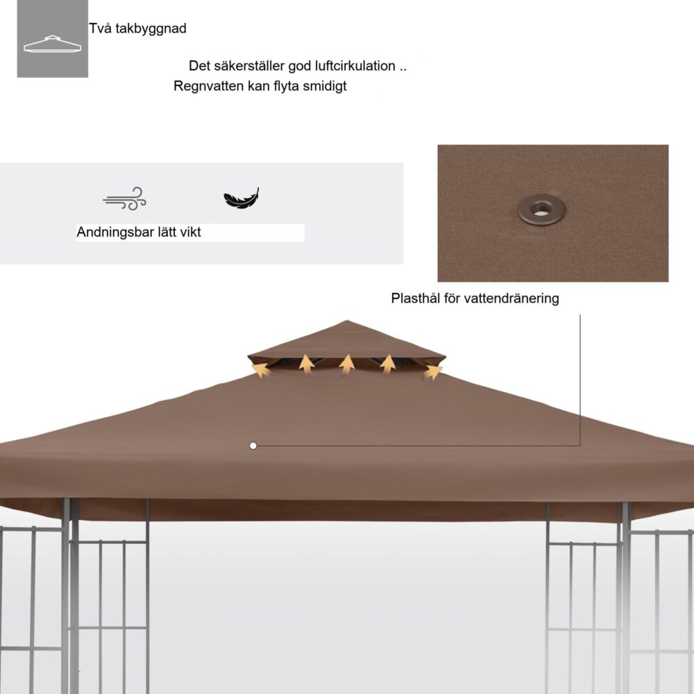 Ersättningstak 3x3m Lusthus Väderbeständigt kaffe polyester skuggskydd | Högkvalitativt dubbeltak med vattenavvisande design och kardborrefästen
