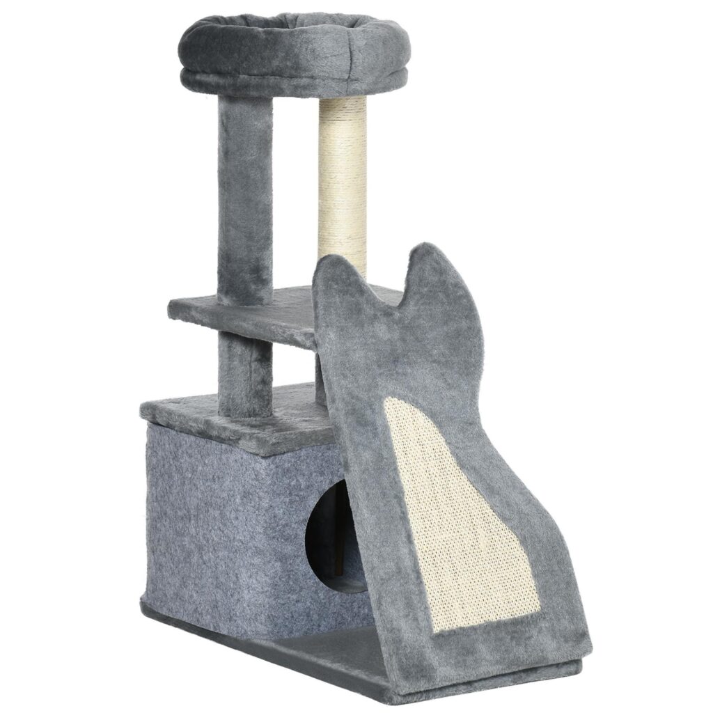 Liten klösstolpe för katt med lekstuga och sisalstockar - Multifunktionellt klösträd för katter under 4 kg, kompakt design med plyschlock, stabil bas och repvänliga funktioner