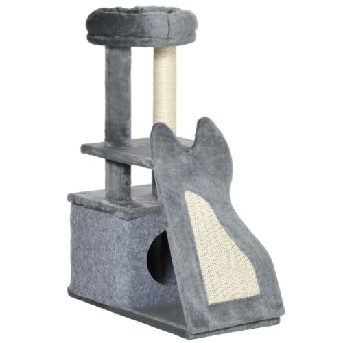Liten klösstolpe för katt med lekstuga och sisalstockar – Multifunktionellt klösträd för katter under 4 kg, kompakt design med plyschlock, stabil bas och repvänliga funktioner
