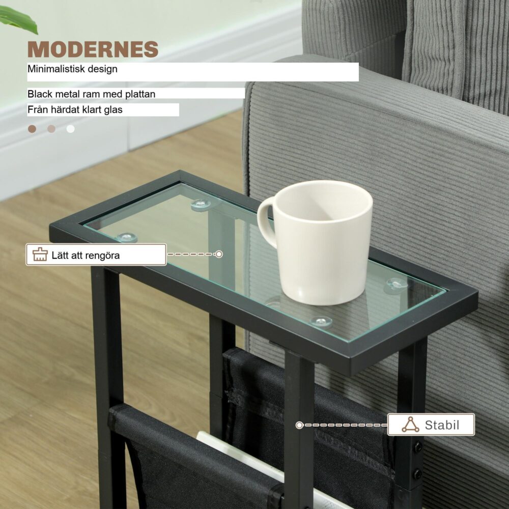 Funktionellt och snyggt sidobord soffbord med glasskiva och tygförvaringspåse, platsbesparande design för modern inredning