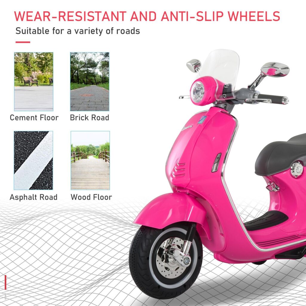 Licensierade Vespa Kids 'Elektriska motorcykel med strålkastare, musik och träningshjul-4-hjulsstabilitet för åldrarna 3-6