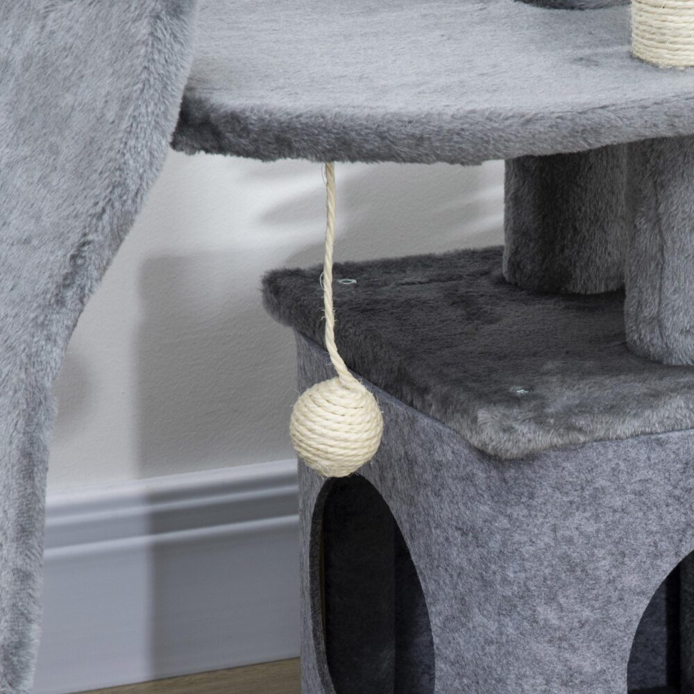 Liten klösstolpe för katt med lekstuga och sisalstockar – Multifunktionellt klösträd för katter under 4 kg, kompakt design med plyschlock, stabil bas och repvänliga funktioner